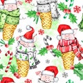 Watercolor seamless pattern with cute pigs with Santa hat in waffle cones. New Year. Celebration illustration. Merry