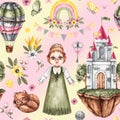 Watercolor seamless pattern with cute princess, air castle, balloon, rainbow Royalty Free Stock Photo