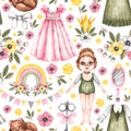 Watercolor seamless pattern with cute princess, dresses, mirror, rainbow Royalty Free Stock Photo