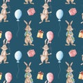 Watercolor Seamless Pattern with Cute Rabbits Hares. Illustration with Funny Rabbits, Balloon and Gifts.