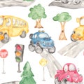 Watercolor seamless pattern with cute school bus, pickup, car off road SUV Royalty Free Stock Photo