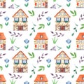 Watercolor seamless pattern with cute sweet houses, leaves, flowers.