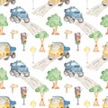 Watercolor seamless pattern with cute truck and car offroad Royalty Free Stock Photo