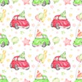 Watercolor seamless pattern with cute typewriter cars beetles and balloons