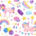 Watercolor seamless pattern with cute unicorn, magic wand, rainbow, balloons Royalty Free Stock Photo