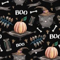 Watercolor seamless pattern with a cute witch cat, pumpkins Royalty Free Stock Photo