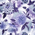 Watercolor seamless pattern of dahlias in gray-blue palette, and butterflies