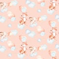 Watercolor seamless pattern with dancing bunny and fox forest animals on white background. Childish rabbit animal illustration. Royalty Free Stock Photo