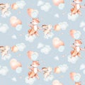 Watercolor seamless pattern dancing bunny and fox forest animals on white background. Childish rabbit animal illustration. Royalty Free Stock Photo