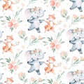 Watercolor seamless pattern with dancing elephant and fox forest animals on white background. Childish animal illustration. Happy Royalty Free Stock Photo