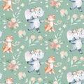 Watercolor seamless pattern with dancing elephant and fox forest animals on white background. Childish animal illustration. Happy Royalty Free Stock Photo