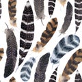 Watercolor seamless pattern with dark feathers. Boho ornament with stripes and polka dot feathers