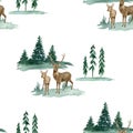 Watercolor seamless pattern with deer and forest landscape. Hand painted male buck and fawn deer with fir trees isolated Royalty Free Stock Photo