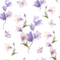 Watercolor seamless pattern with delicate pink field flowers, Bluebell herb and butterflies, drawing by watercolor, hand Royalty Free Stock Photo