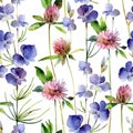 Watercolor seamless pattern with delphinium flowers and clover flowers