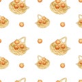 Watercolor seamless pattern design with oranges in the net bag. Creative for eco products, paper or clothes