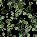 Watercolor Seamless pattern with different  ferns Royalty Free Stock Photo