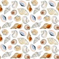 Watercolor seamless pattern with different seashells and pearls on white background in blue, orange, beige colors