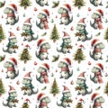 Watercolor seamless pattern with dinosaurs, Christmas trees and holiday decorations isolated on white background