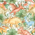 Watercolor seamless pattern with dinosaurs, mountains, palm trees, plants.