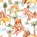 Watercolor seamless pattern with dinosaurs, mountains, palm trees, plants.