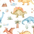 Watercolor seamless pattern with dinosaurs, mountains, palm trees, plants.
