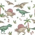 Watercolor seamless pattern dinosaurs Prehistoric animals Isolated on white background Hand painted illustration Perfect