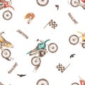 Watercolor seamless pattern with dirty bikes, tire tracks, mud, helmet, wheel Royalty Free Stock Photo