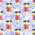 Watercolor seamless pattern with disposables cups of coffee and hearts. Hand painted illustration Royalty Free Stock Photo