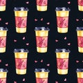 Watercolor seamless pattern with disposables cups of coffee and hearts. Hand painted illustration Royalty Free Stock Photo