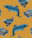 Watercolor seamless pattern with dolphins, stingrays and shells in mustard yellow and ultramarine blue colors