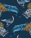 Watercolor seamless pattern with dolphins, stingrays and shells in navy blue, ochre and ultramarine blue colors