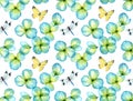 Watercolor seamless pattern. Dragonfly, butterfly and transparent field flowers. Isolated hand drawn illustration with Royalty Free Stock Photo