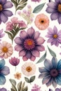 Watercolor seamless pattern with dried flowers herbarium