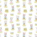 Watercolor seamless pattern with Easter bunnies, flowers and basket in the meadow