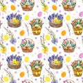 Watercolor seamless pattern with easter bunnies on a white background with pussy-willow breanches, easter cakes, bows, eggs.