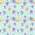 Watercolor seamless pattern with Easter colorful eggs. Pansy flowers and blooming willow branches.