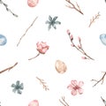 Watercolor seamless pattern with easter eggs, willow branches, pink flowers, easter print