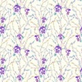 Watercolor seamless pattern with Easter Pansy flowers and blooming willow branches.