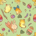 Watercolor seamless pattern on Easter theme. Easter background with bunny, chicks, eggs and flowers Royalty Free Stock Photo
