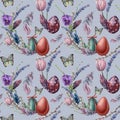 Watercolor seamless pattern with eggs and butterfly. Hand painted vibrant illustration on blue background Royalty Free Stock Photo