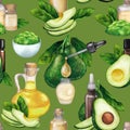 Watercolor seamless pattern of essential oil bottles and avocados Royalty Free Stock Photo