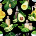 Watercolor seamless pattern of essential oil bottles and avocados Royalty Free Stock Photo