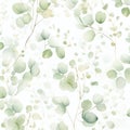 Watercolor seamless pattern with eucalyptus branches and leaves.