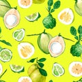 Watercolor seamless pattern with exotic fruits. Young green coconut and Kaffir Lime. Ideal for fabric, packaging and textile produ