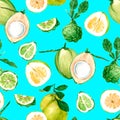 Watercolor seamless pattern with exotic fruits. Young green coconut and Kaffir Lime. Ideal for fabric, packaging and textile produ