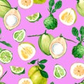 Watercolor seamless pattern with exotic fruits. Young green coconut and Kaffir Lime. Ideal for fabric, packaging and textile produ