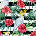 Watercolor seamless pattern with exotic leaves flowers and cockatoo birds on black white geometric background Royalty Free Stock Photo