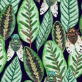 Watercolor seamless pattern with exotic tropical leaves and colorful cicada insects