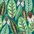 Watercolor seamless pattern with exotic tropical leaves and colorful cicada insects